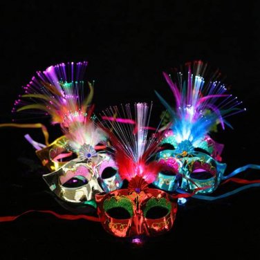 Princess Masquerade Plumed Mask Female Luminous Optical Fiber Venice Party Mask Half Face Pink