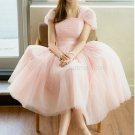 Stock Cap Sleeves Short Bridesmaid Dress A-line Pink Black Tulle Wedding Evening Party Dress MB09