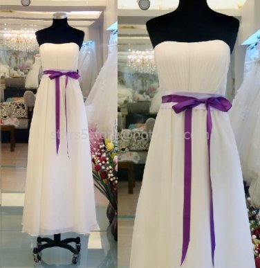 Stock Ivory Purple SASH Long Bridesmaid Dress A-line Chiffon Wedding Evening Party Dress MB13