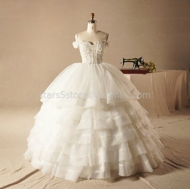 Off Shoulder Sweethart Wedding Dress Princess Pearl Tiered Bridal Wedding Ball Gown H13102