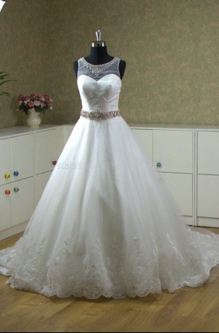 Sheer Round Neck Wedding Dress A-line Lace Edge Rhinestones SASH Wedding Ball Gown H13128