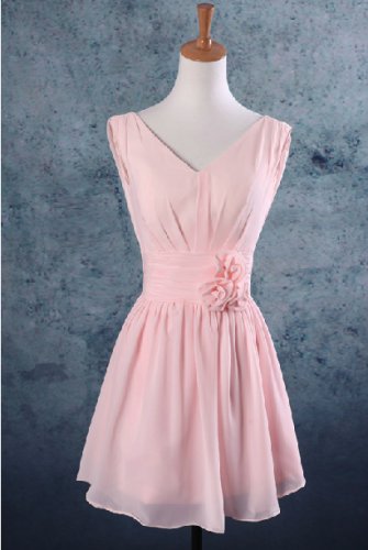 Short Bridesmaid Dresses Pink Chiffon Bridesmaid Dress A-line V-neck Evening Party Dress MB141