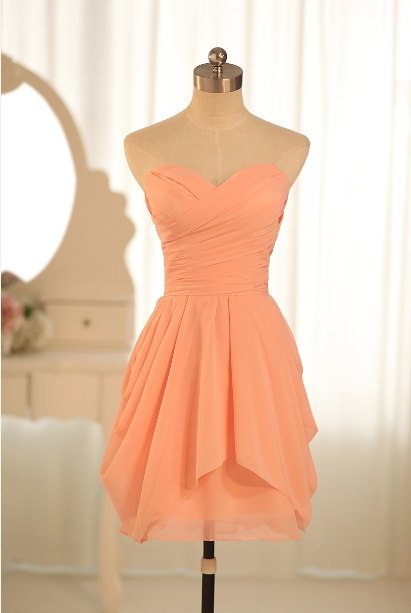 Short Bridesmaid Dresses Coral Chiffon A-line Sweetheart Strapless ...