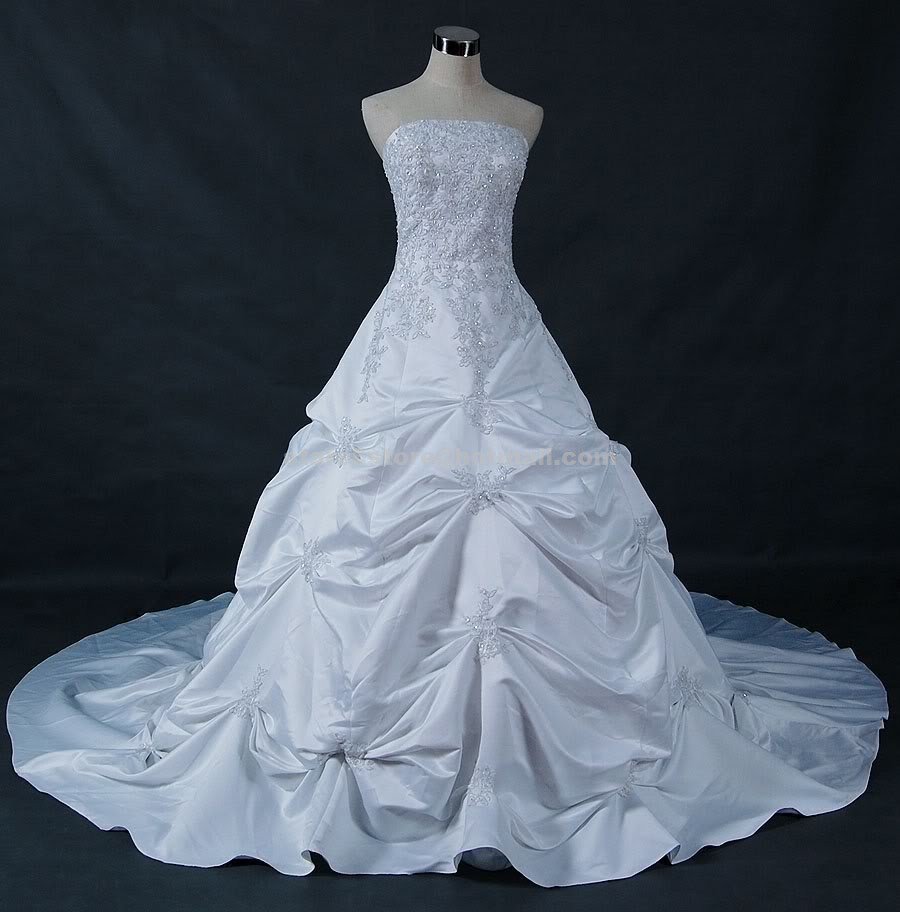 A-Line Strapless Wedding Dress Sleeveless Beading Draped Royal Train ...