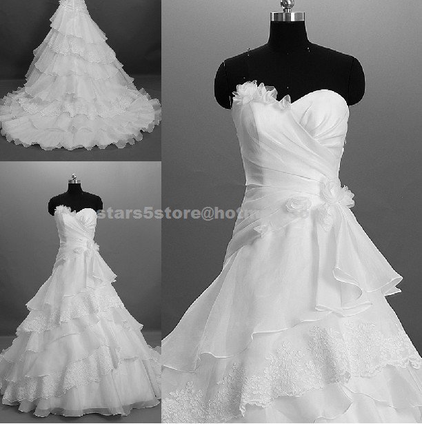 Strapless A-Line Bride Dress Sweetheart Sleeveless Tiered Ruffles Sweep ...