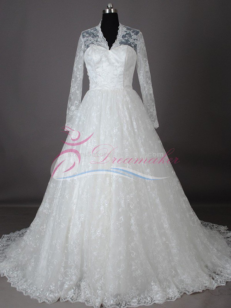 Sweetheart Lace Winter Ball Gown Cap Sleeve Button Princess Long A-Line Wedding Dress W107