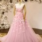Beautiful Pink Evening Dress V-Neck Appliqued Flower Backless Lace Up Wedding Party Prom Gown EP22