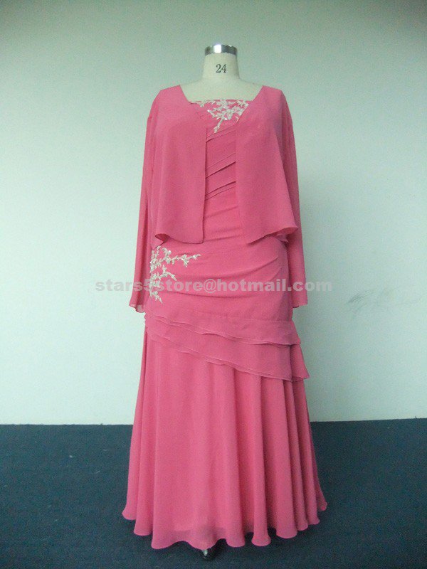 Pink Chiffon Mother of the Bride Dress Long Sleeve Appliques Mother of the Bride Dress Mm07