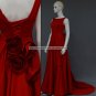A-line Red Satin Formal Dresses Sheer Round Neckline Crystals Beading Long Evening Prom Dress MM027