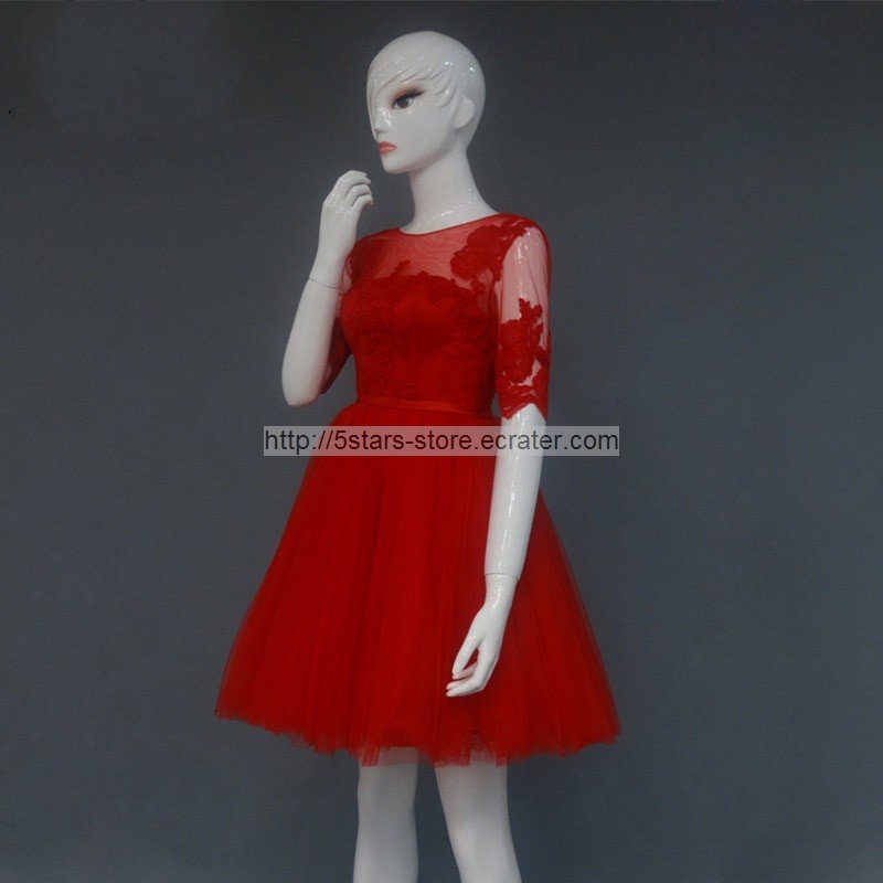 Red Ball Gown Scoop Neck Wedding Dress Long Sleeve Appliqued Lace Mini Length Cocktail Dress mm34