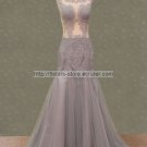 Round Neck Evening Dress Lace Tulle Silver Mermaid Crystal Sheer Bodice Abrica Prom Gowns  D205616