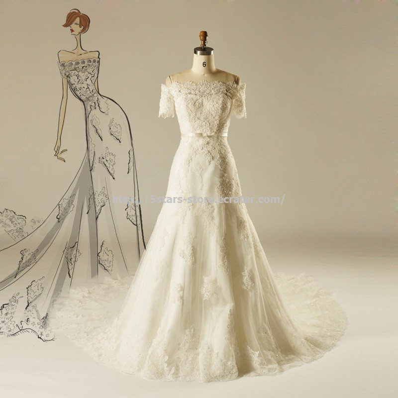 Off-Shoulder Wedding Dress Short Sleeve Lace Cathedral Train A-Line Bridal Gowns D2015719