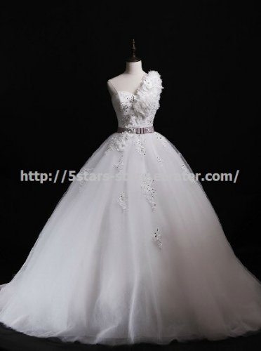 Flower One-Shoulder Bridal Gown Belt with Crystal Lace  A-Line Wedding Dress D2015722