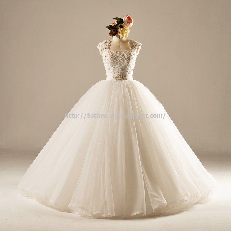 Beading Square Bridal Ball Gown Capped Floor-Length Wedding Formal Dresses D2015724