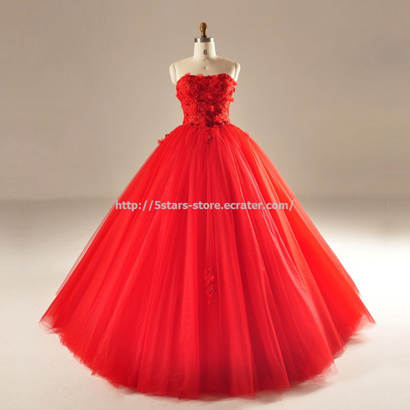 Red Sleeveless Wedding Ball Gown Strapless Feather Floor-Length Bridal Dresses D2015737