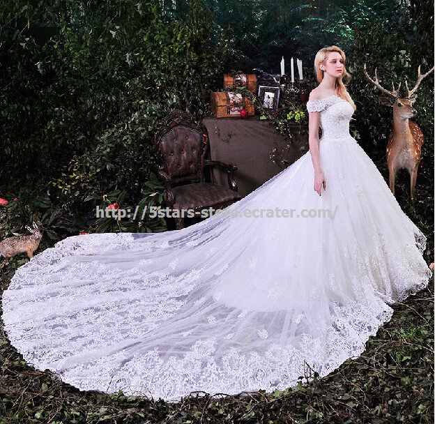 Strapless Bridal Dress Off-Shoulder Lace Monarch-Train Wedding Gown ...