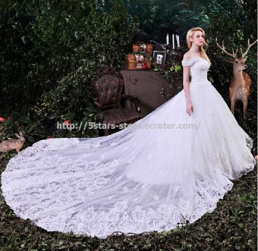 Strapless Bridal Dress Off-Shoulder Lace Monarch-Train Wedding Gown D2015766