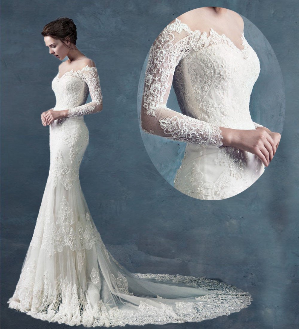 Sexy See Through Scoop Long Sleeves Chapel Train Lace Wedding Dress Mermaid Wedding Dresses D2015776