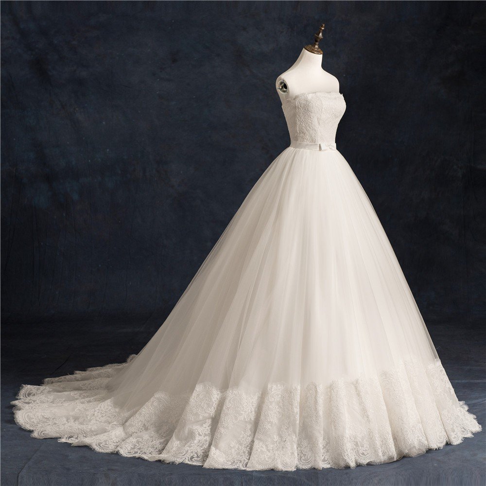 Strapless Sleeveless Bridal Dress With Bow Sash White Graceful Lace Ball Gown Wedding Dress D2015777