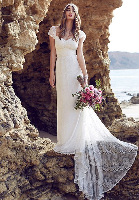 Sweetheart Lace Beach Wedding Dresses Cap Sleeves Low Back Bridal ...