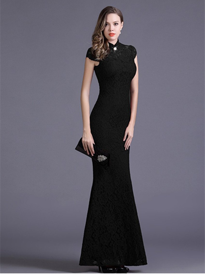 Halter-Neck Prom Dress Short Sleeve Lace Fishtail Slim Long Evening ...