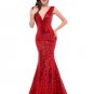 V-Neck Long Red Sequin Evening Dresses Sexy Trumpet Mermaid Gown Gold Formal Dresses D2015864