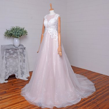 Lace Wedding Gown Sheer Bodice Sleeveless A-line Blush Light Travel Beach Bridal Dresses 2018