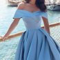 Off Shoulder Party Gowns Long Blue Satin Split Sexy Prom Evening Dresses 2018