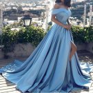 Off Shoulder Party Gowns Long Blue Satin Split Sexy Prom Evening Dresses 2018