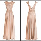 Long Bridesmaid Dresses Champagne A-line Silk Chiffon Lace Wedding Formal Party Dress