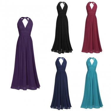 Long Bridesmaid Dresses Coral Blue Purple Wine A-line Halter Chiffon Wedding Party Dress