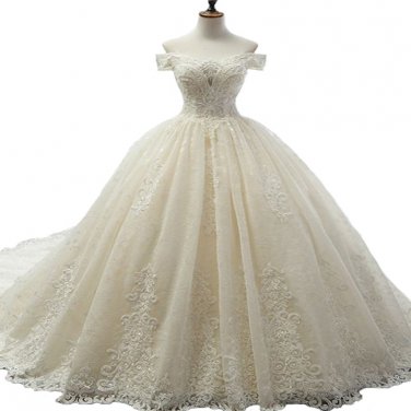 Lace Wedding Dress Cap Sleeves Luxury Bridal Ball Gowns Wedding Gown H19128