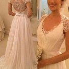 Lace Wedding Dress Sheer Bodice Cap Sleeves Bridal Gowns Travel Garden Chiffon Wedding Gown H19461