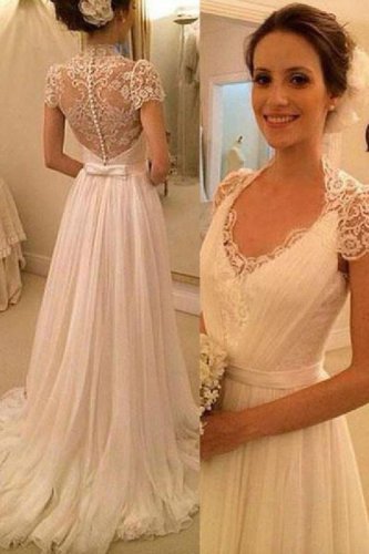 Lace Wedding Dress Sheer Bodice Cap Sleeves Bridal Gowns Travel Garden Chiffon Wedding Gown H19461