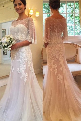 Lace Wedding Dress Dots Shawl Bridal Gowns Lace Appliques Boho Beach Wedding Gown H1943