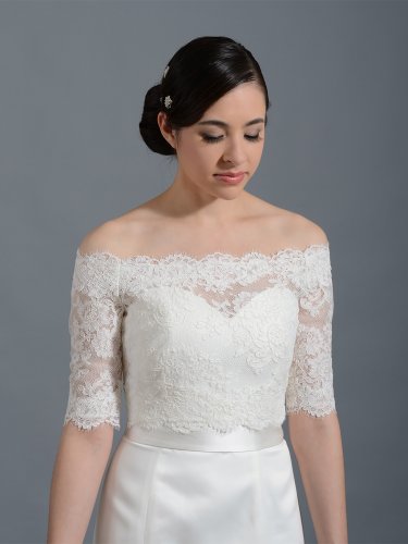 Bridal Vest Short Sleeve Length Alencon Lace Hollow Back white ivory Wedding Bolero Jacket RJ19