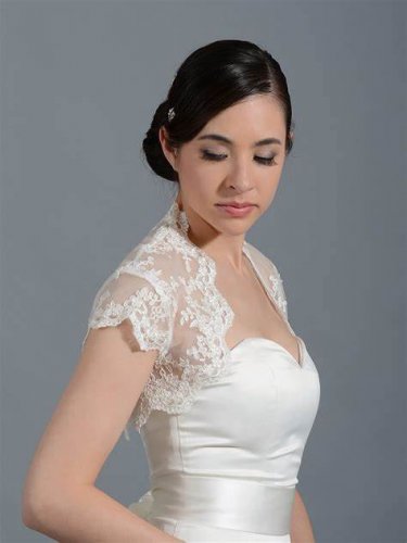Bridal Vest Short Sleeve Length Alencon Lace Hollow Back white ivory Wedding Bolero Jacket RJ19