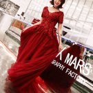 Wine Lace Evening Dress V-Back Mermaid Short Sleeves Lace Long Prom Dresses D19128