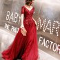 Wine Lace Evening Dress V-Back Mermaid Short Sleeves Lace Long Prom Dresses D19128
