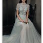 Green Evening Dress Lace Up-Back Shimmer Tulle A-line Short Sleeves Prom Dresses 2021 D20917