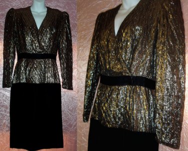 CLASSY Elegant COCKTAIL PARTY Dress METALLIC GOLD and BLACK VELVET Designer HALSTON Sexy Sz 8 M!