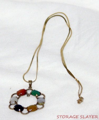 14K YELLOW GOLD MULTI-COLORED JADE NECKLACE PENDENT & CHAIN 14KT NO SCRAP HERE!