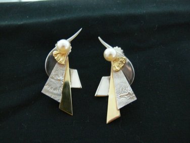 18K YELLOW GOLD & STERLING SILVER PEARL EARRINGS BY LAURIE LYALL NO SCRAP HERE!