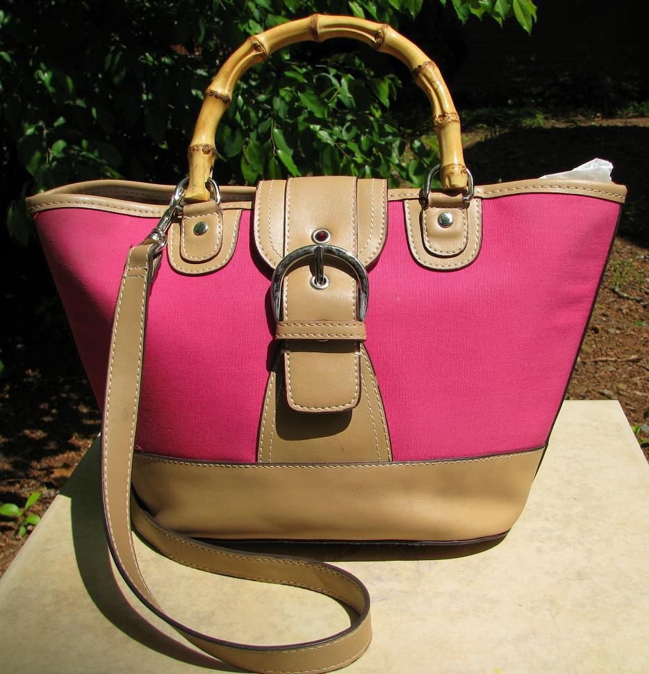 NINE WEST Pink Handbag Canvas Medium Shoulder Bag Leather Trims