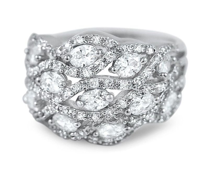 Silver Cubic Zirconia Big Chunky Fashion Ring Micro Pave Accents Oval