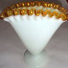 Vintage Milk Glass White Gold Crest Edge Vase.