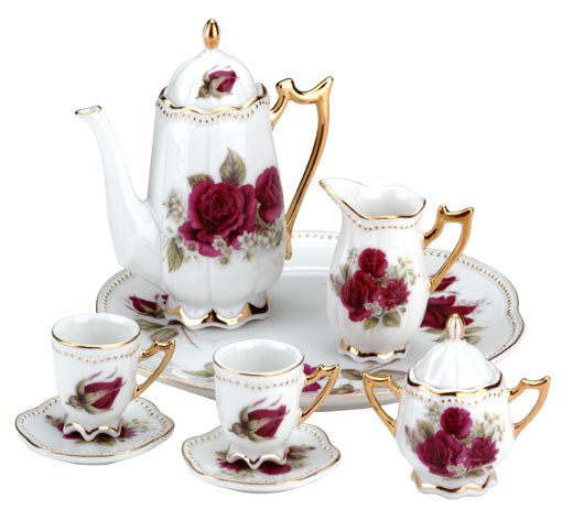 10-Piece Ceramic Red Rose Tea Set