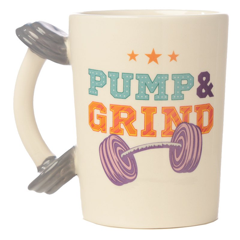 Fun Dumbbell Shaped Handle 'Pump and Grind' Ceramic Collectable Mug