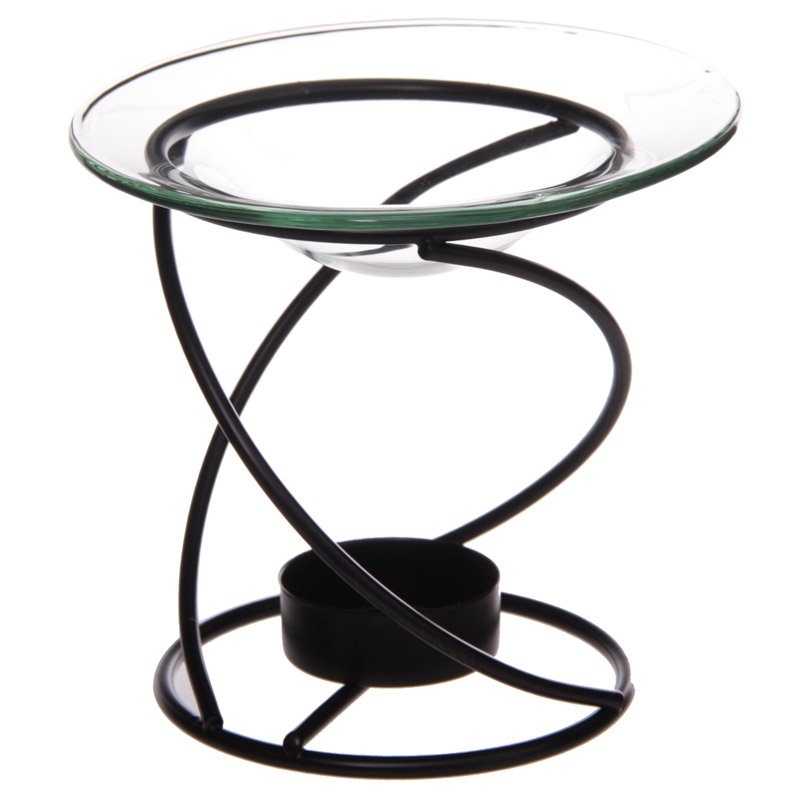 Thin Spiral Black Metal Oil Burner with Glass Dish