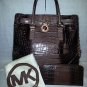 2 PC SET AUTHENTIC MICHAEL KORS HAMILTON LARGE CROCO LEATHER N/S TOTE AND WALLET